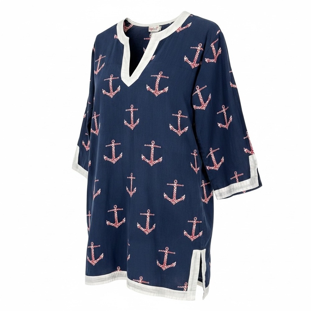 Top It Off Tunic Beach Cover Up Women Medium Navy Anchor Nautical Coastal Preppy